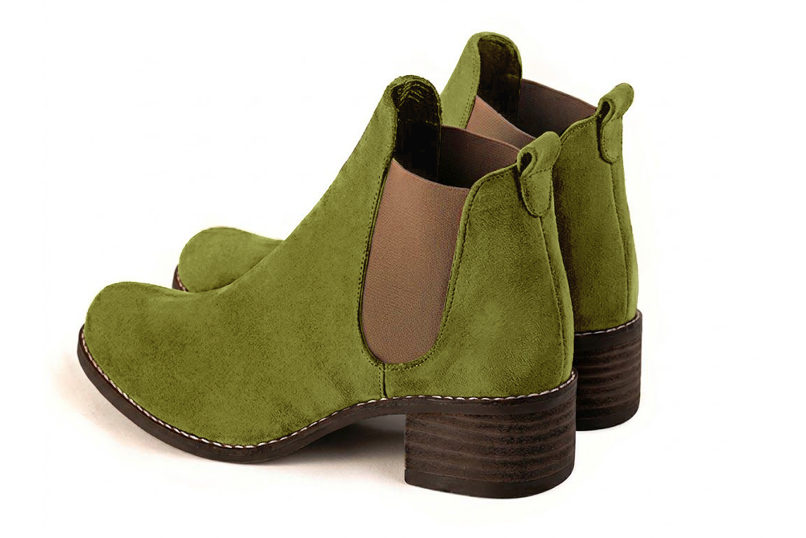 Women's pistachio green and bronze solid-color chelsea boots with round toe and leather sole - Rear view